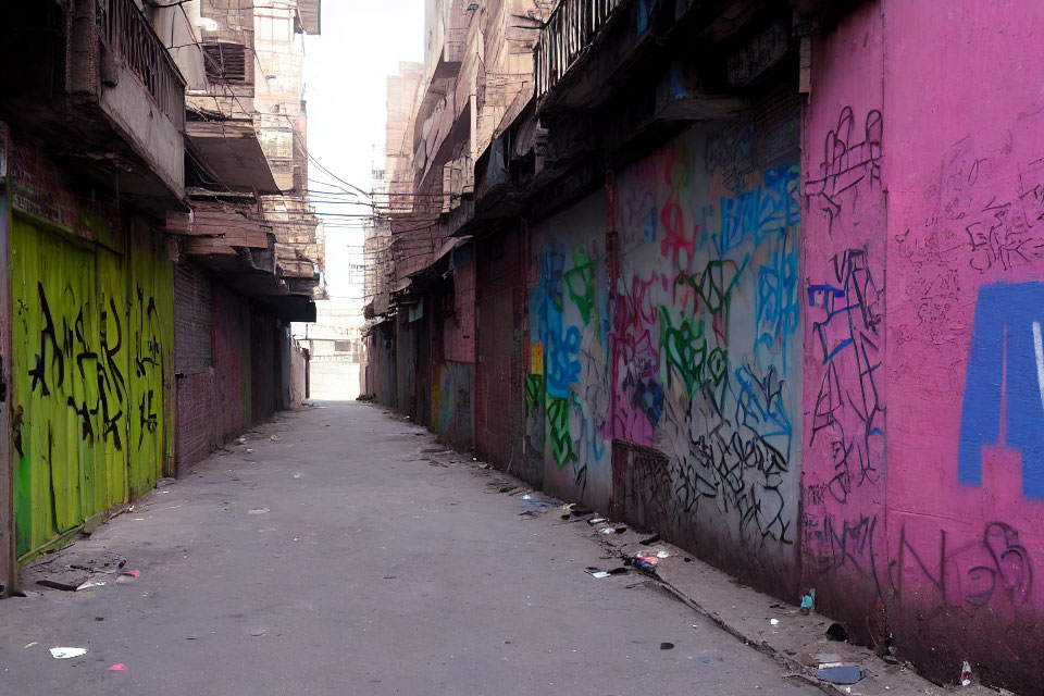 Graffiti-covered narrow alley with closed shops and litter.