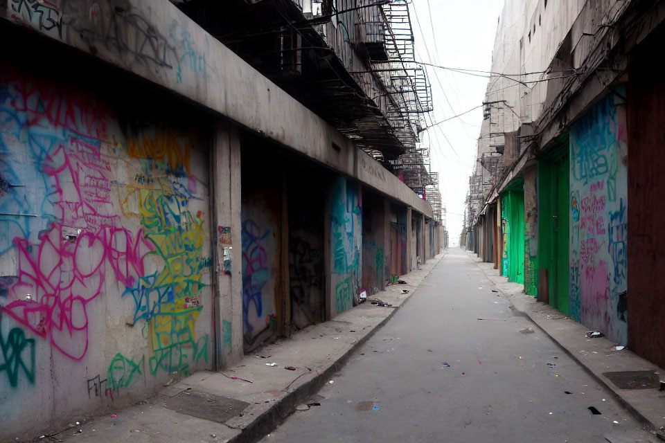 Colorful graffiti covers walls in narrow alley with debris.