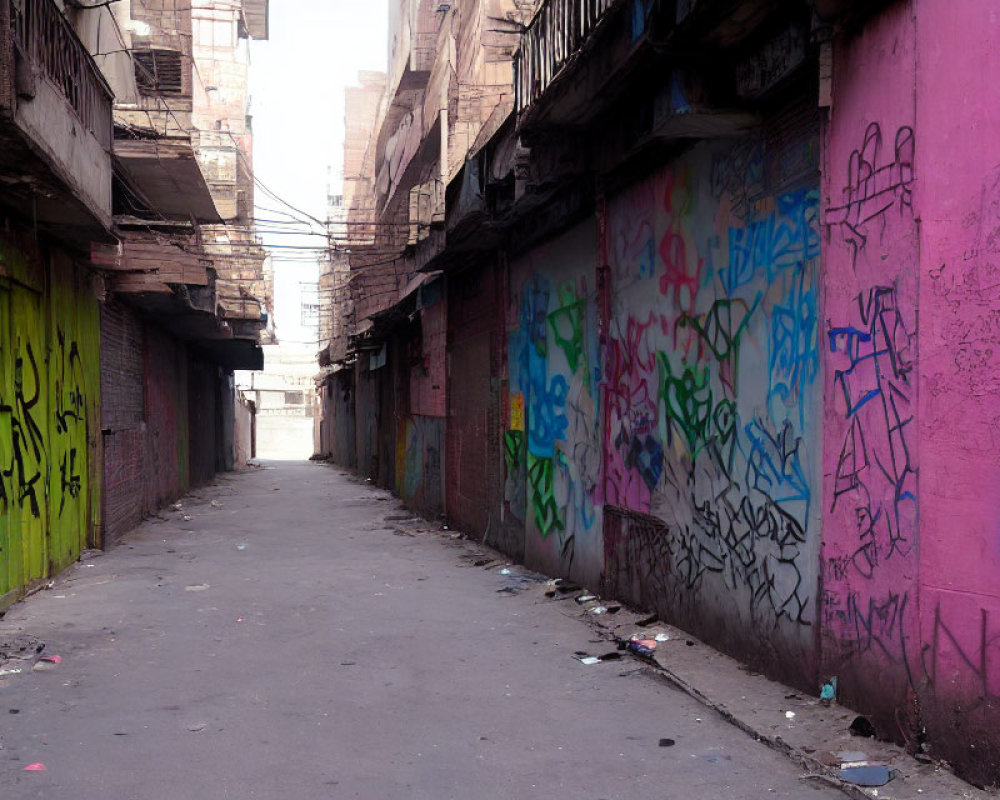 Graffiti-covered narrow alley with closed shops and litter.