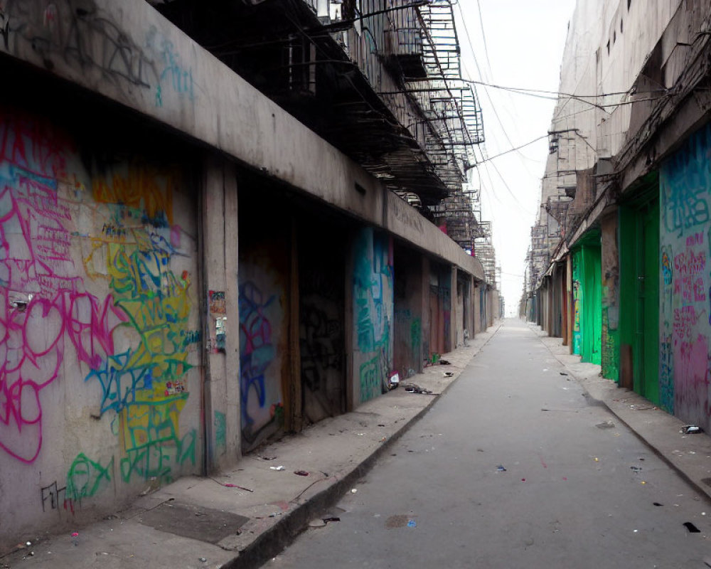 Colorful graffiti covers walls in narrow alley with debris.