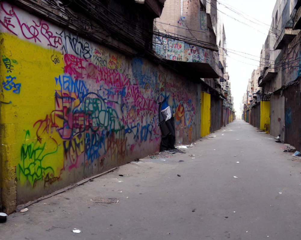 Graffiti-covered urban alley under cloudy sky