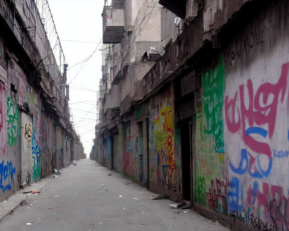 Deserted urban alley with graffiti-covered buildings under overcast sky