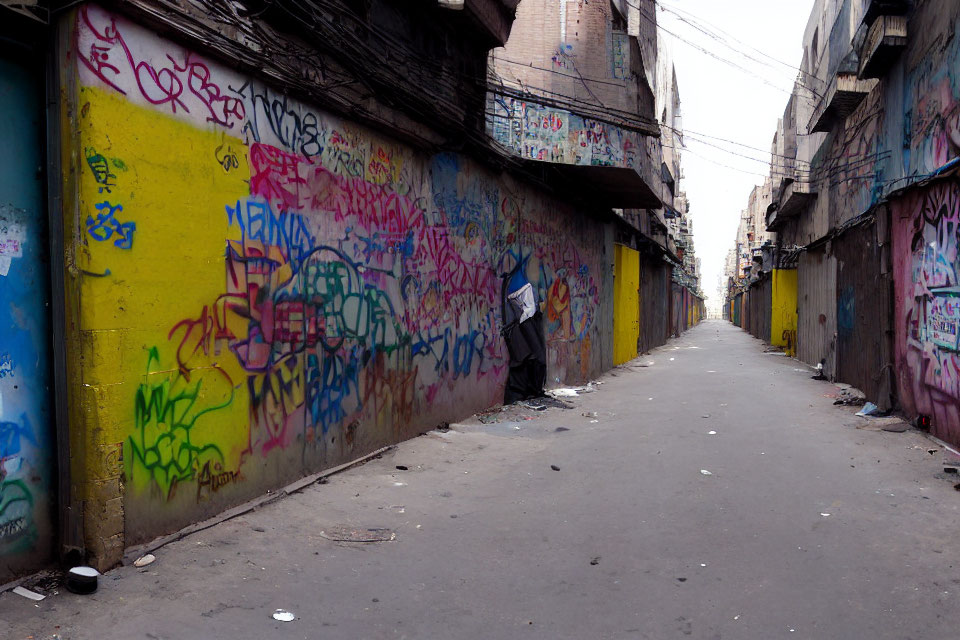 Graffiti-covered urban alley under cloudy sky