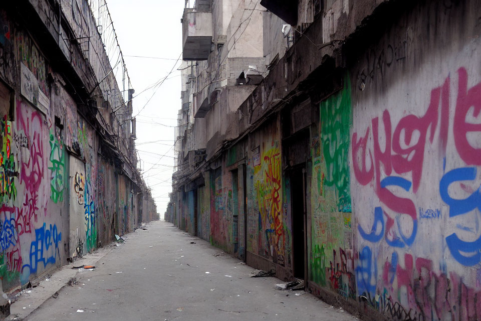 Deserted urban alley with graffiti-covered buildings under overcast sky