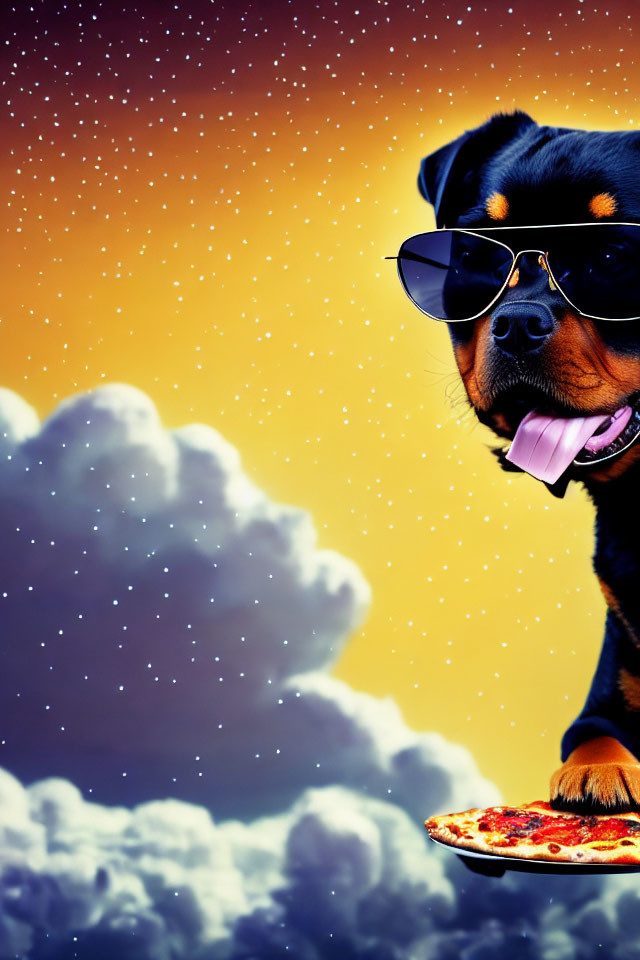 Stylized Rottweiler Dog with Sunglasses Holding Pizza Slice