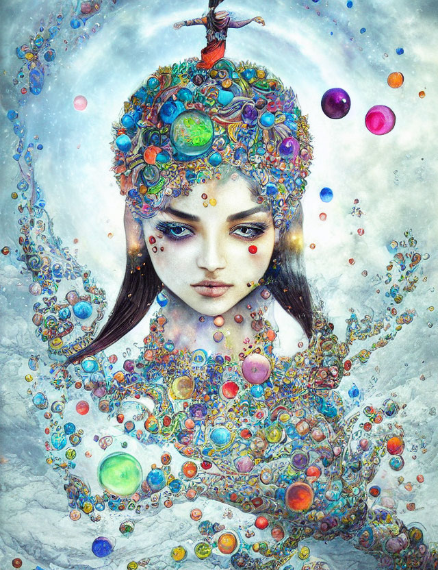 Vibrant artwork of woman with gem-adorned headgear and swirling patterns