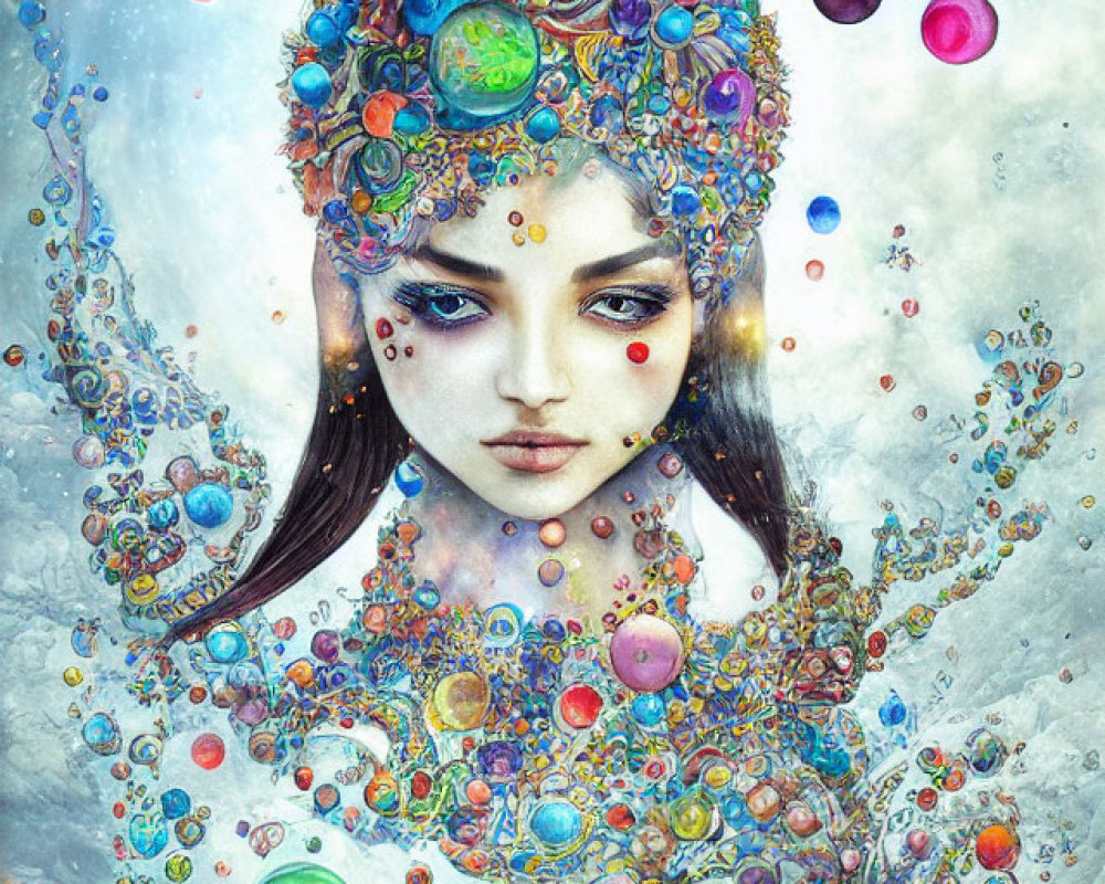 Vibrant artwork of woman with gem-adorned headgear and swirling patterns