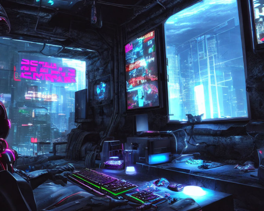 Futuristic cyberpunk room with neon lights and multiple screens