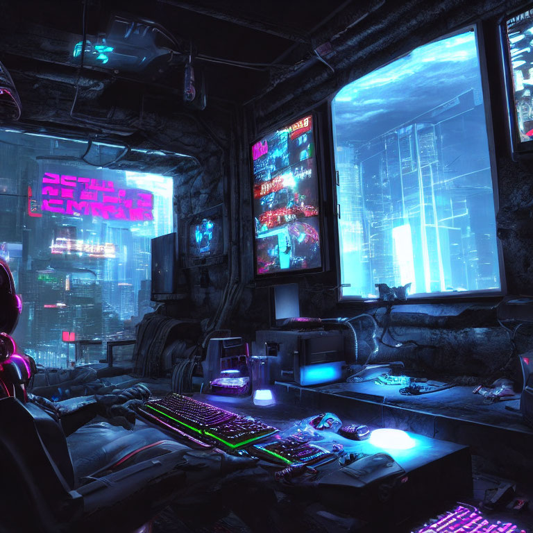 Futuristic cyberpunk room with neon lights and multiple screens