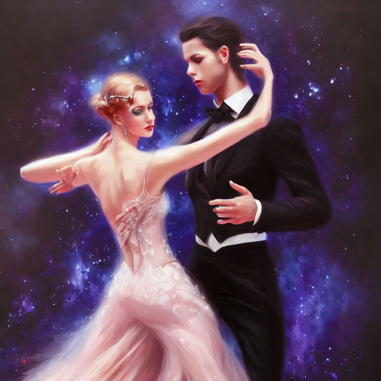 Formal attire couple dancing in cosmic starry background