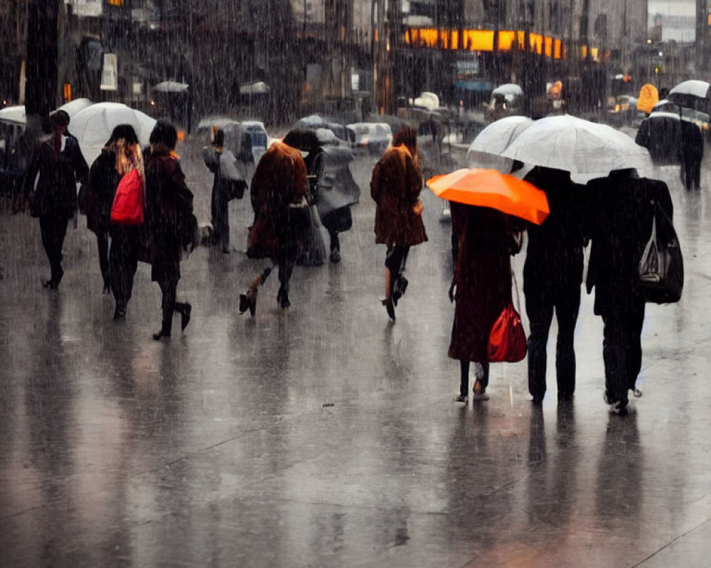 City street scene: people with umbrellas in heavy rain, wet pavement reflections