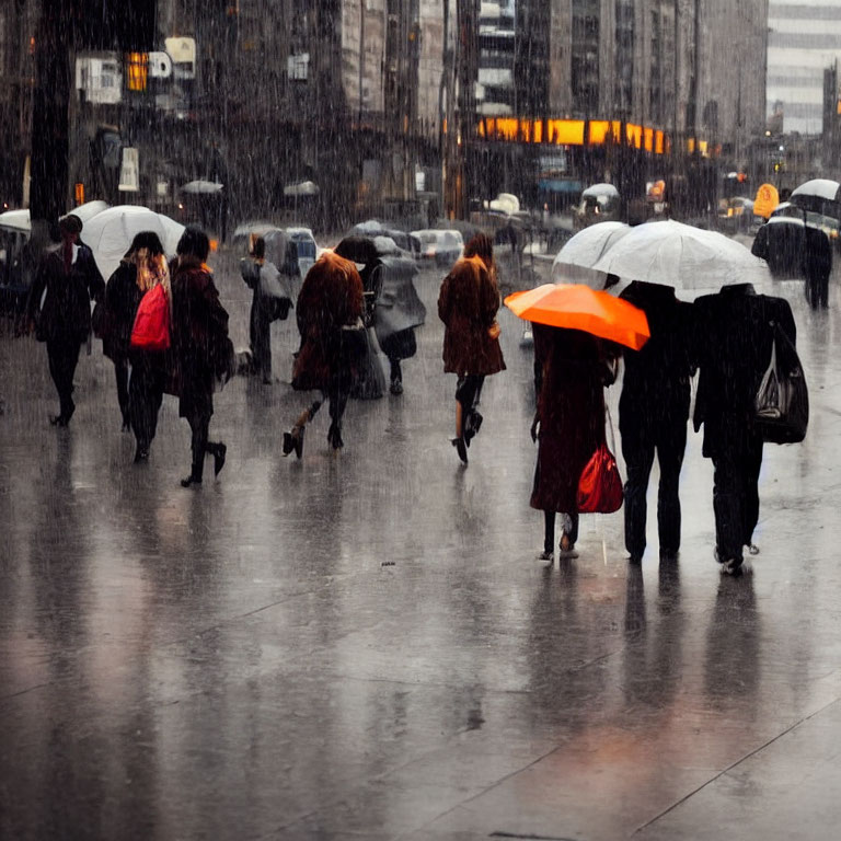 City street scene: people with umbrellas in heavy rain, wet pavement reflections