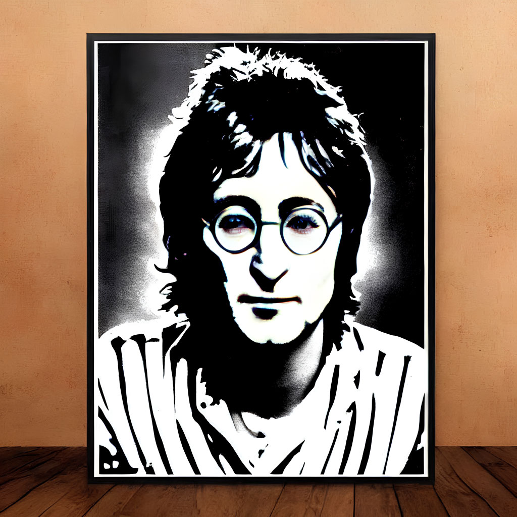 High-Contrast Black and White Portrait Poster of Man with Round Glasses and Shaggy Hair