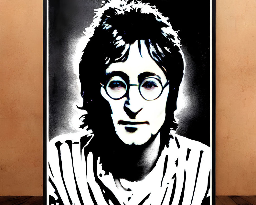 High-Contrast Black and White Portrait Poster of Man with Round Glasses and Shaggy Hair