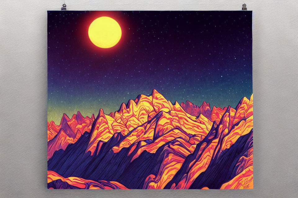 Vibrant mountain peaks under starry sky with large red sun