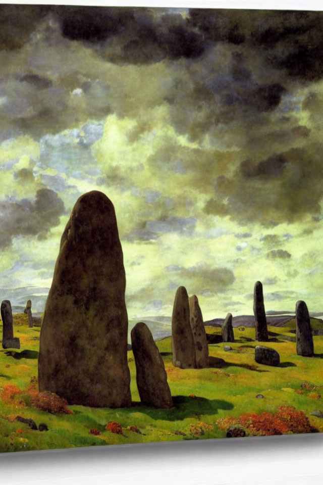 Moody landscape with standing stones and orange vegetation