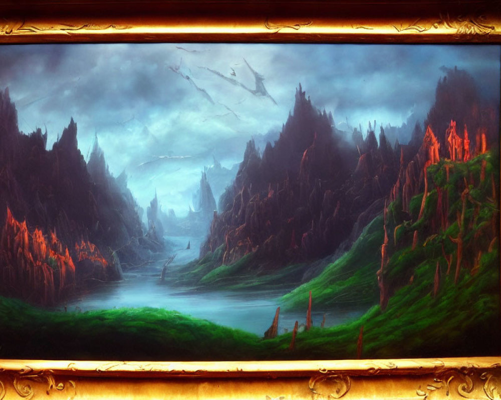 Mystical valley landscape painting in ornate golden frame