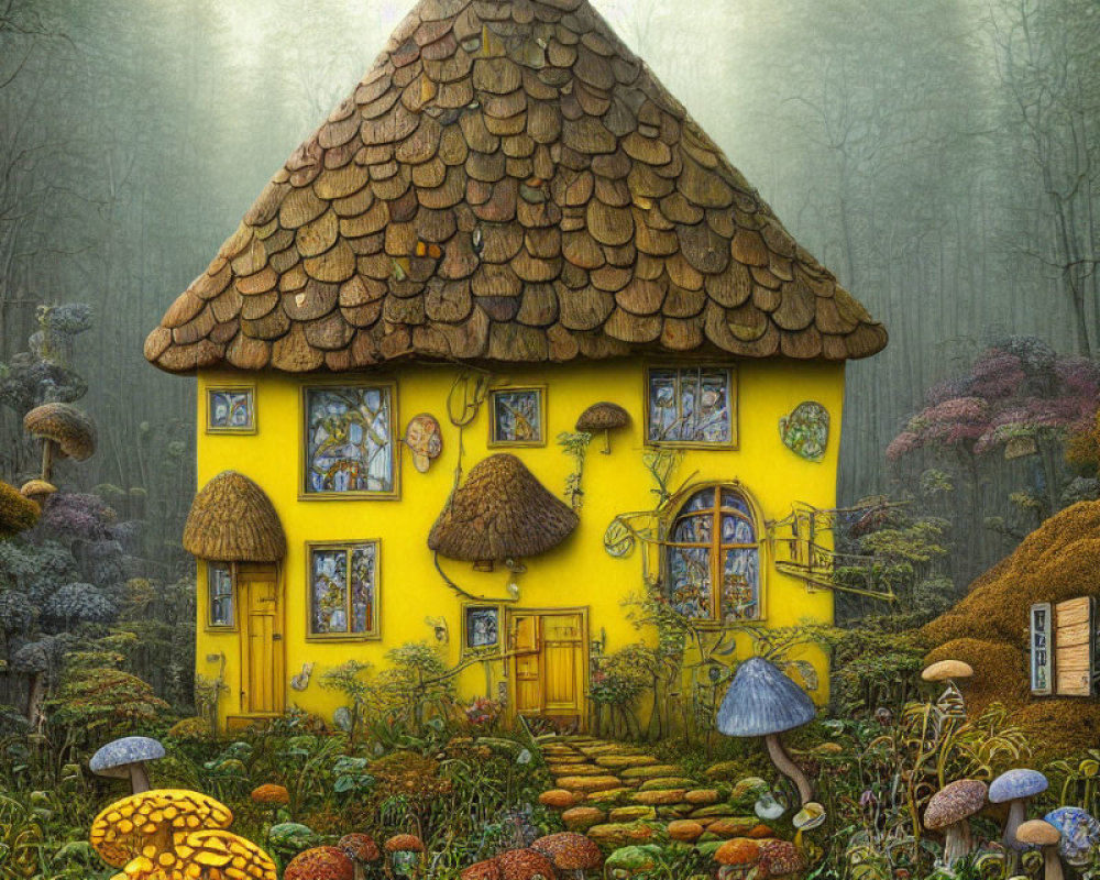 Whimsical yellow cottage in enchanted forest with thatched roof.