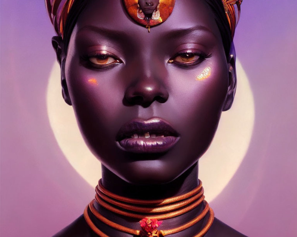 Portrait of woman with striking makeup and African-inspired red and gold jewelry.