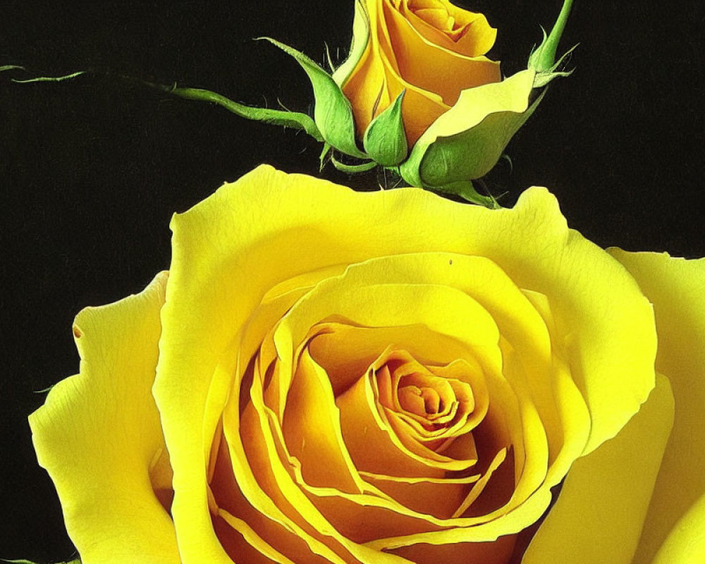 Vibrant yellow rose with delicate petals and bud on dark background