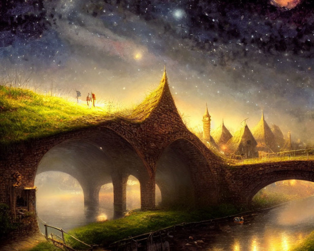 Twilight fantasy landscape with old bridge, cottages, starry sky, celestial body, couple,