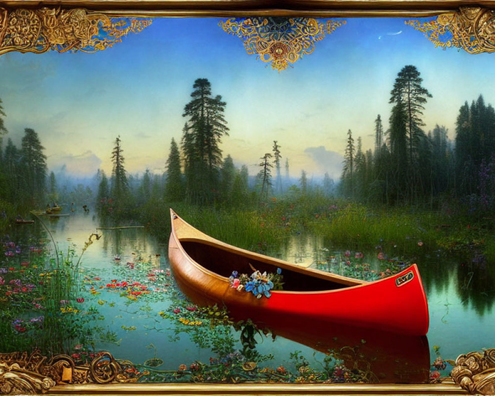 Tranquil Red Canoe Painting in Ornate Gold Frame