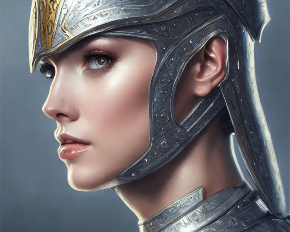 Portrait of woman with fair skin in metal helmet with golden embellishments