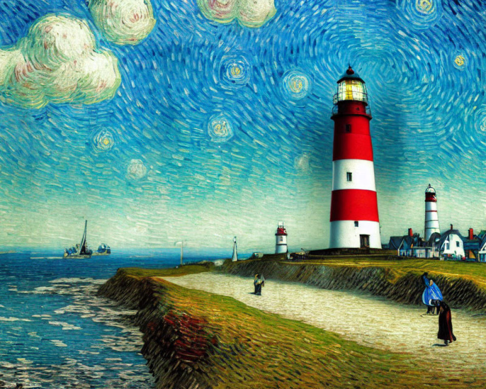 Stylized artwork of a vibrant scene with lighthouse, people, boat, and swirled