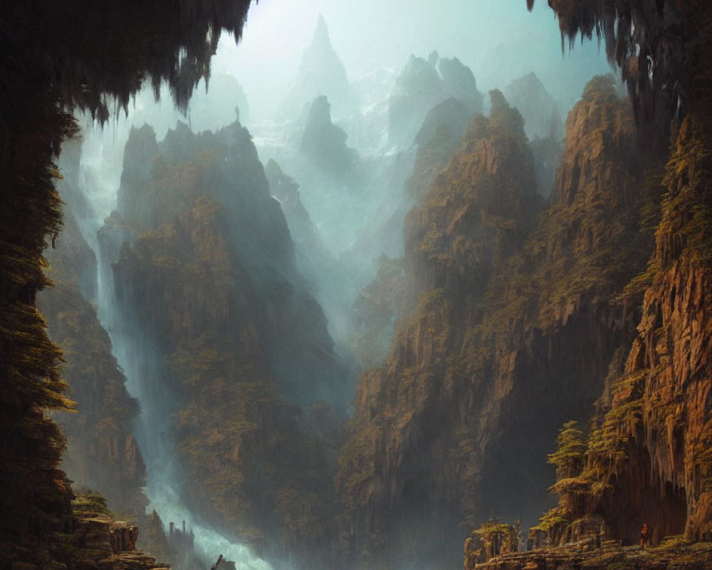 Majestic fantasy canyon with cliffs, waterfall, and misty peaks.