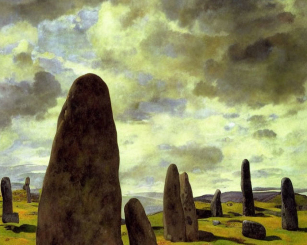 Moody landscape with standing stones and orange vegetation