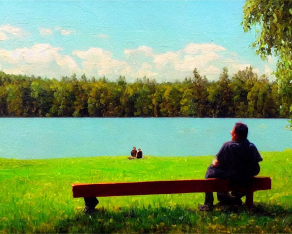 Tranquil lake scene with person on bench and trees under cloudy sky