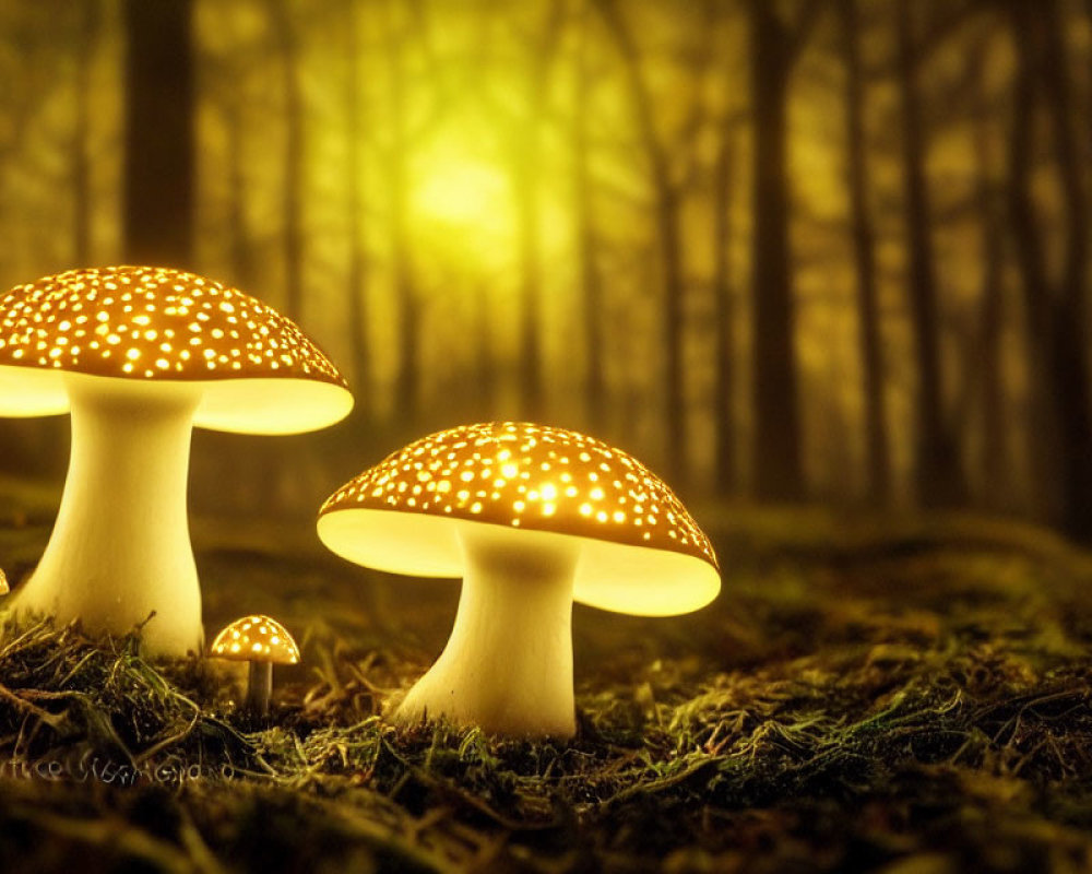 Fantasy forest scene with glowing mushrooms and misty woods