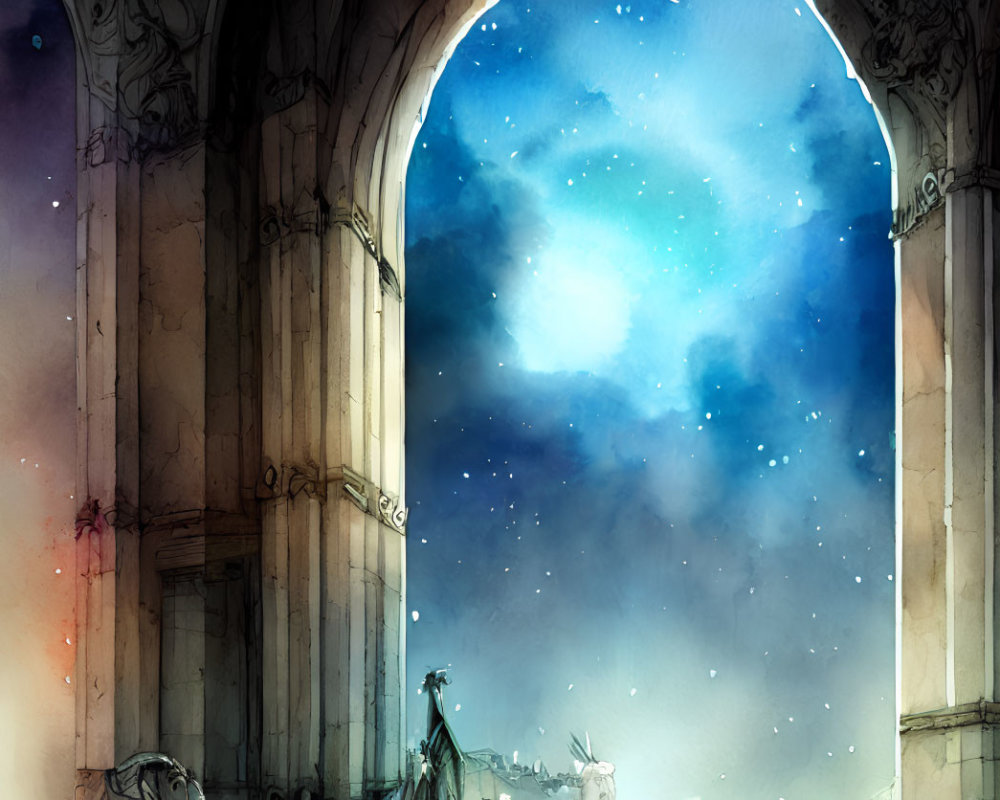 Illustration of arched stone gateway under starry night sky