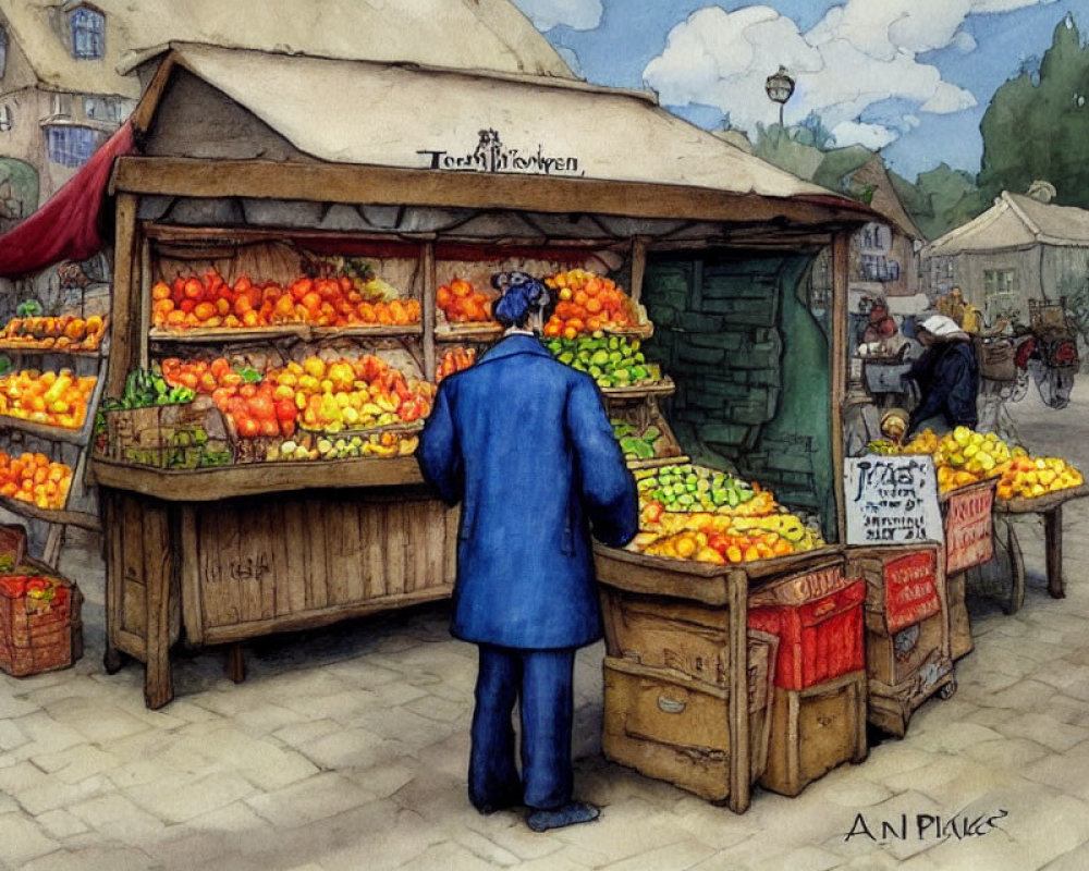 Person in Blue Coat Examines Fresh Fruits at Rustic Market Stall