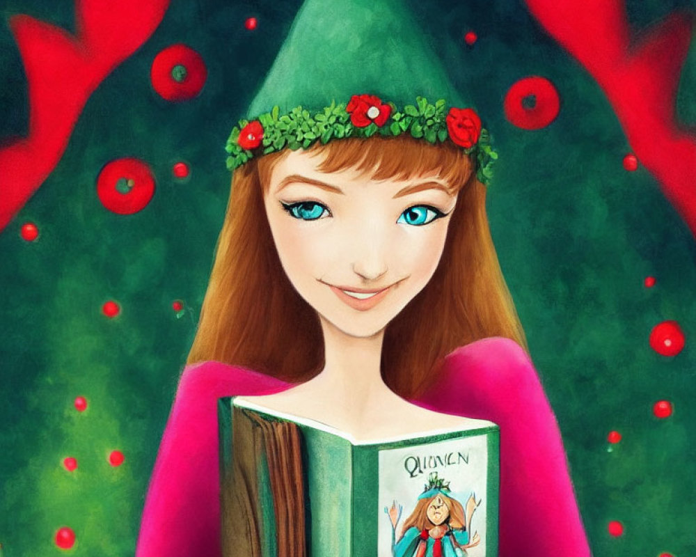 Smiling girl in green hat with open book in whimsical forest