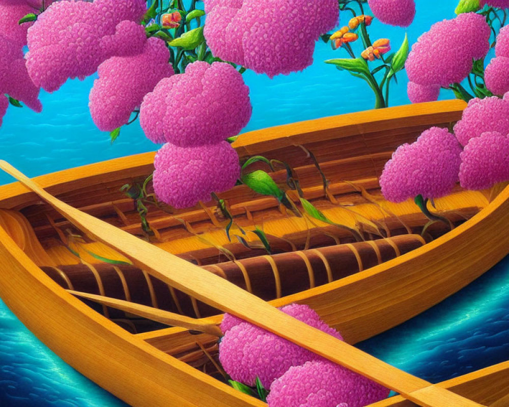 Surreal illustration: wooden rowboat on water with oversized pink flower trees