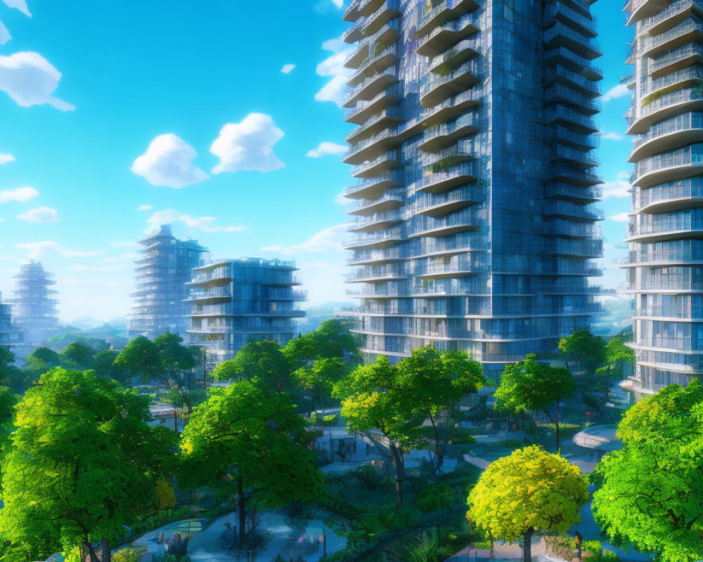 Futuristic cityscape with green parks and modern skyscrapers