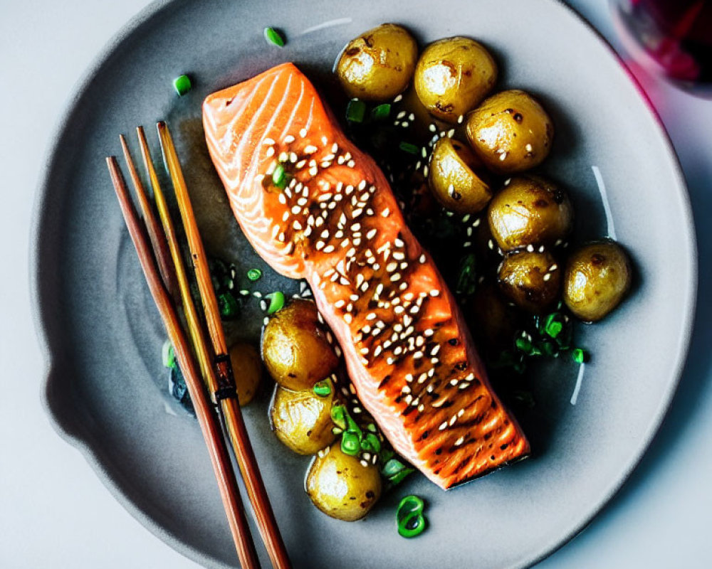 Sesame-Crusted Grilled Salmon with Roasted Potatoes and Red Wine