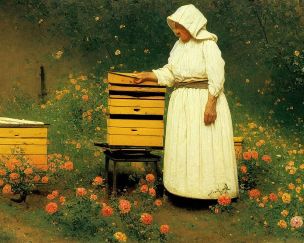 Woman in White Dress Tending Beehives Among Blooming Flowers