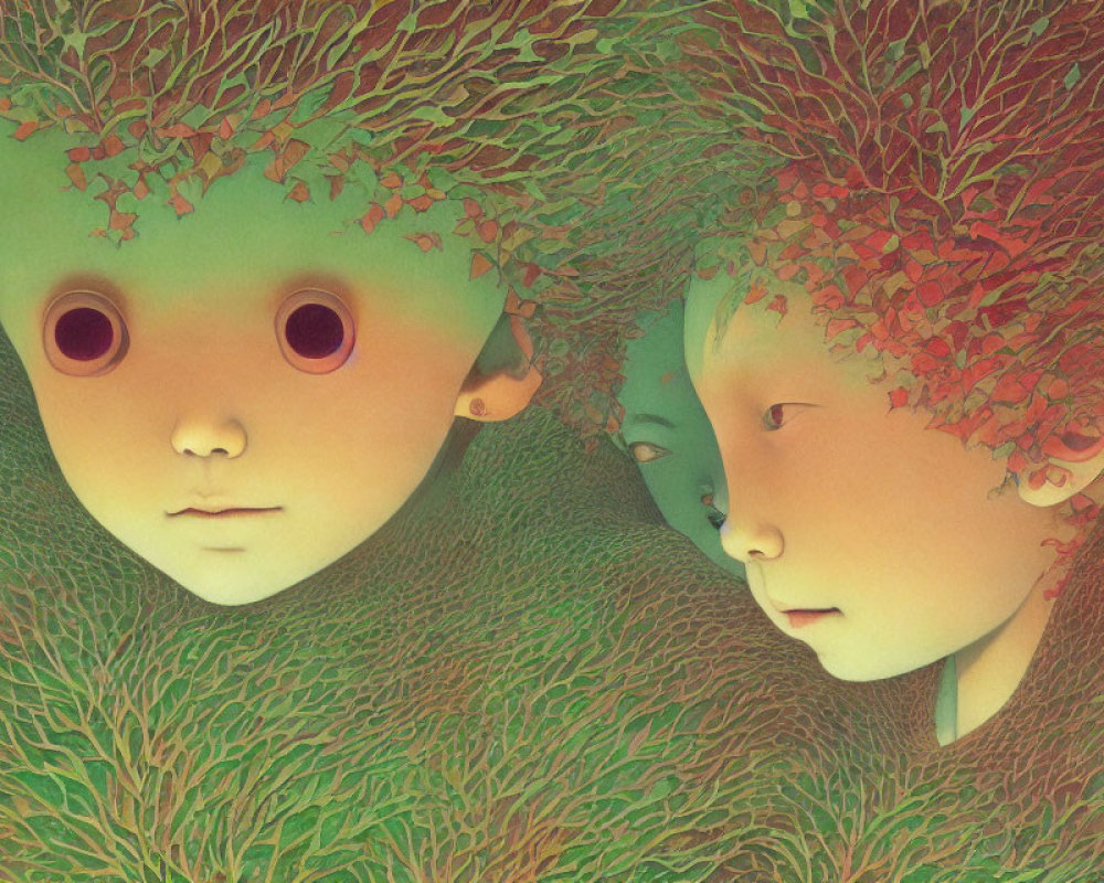 Fantasy illustration: Two characters with green skin and tree-like hair in vibrant setting