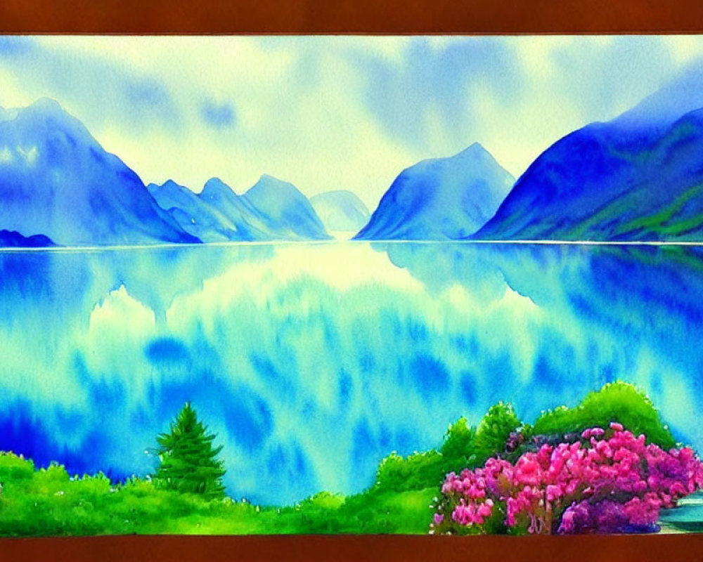 Mountain and Lake Watercolor Painting with Pink Trees and Greenery