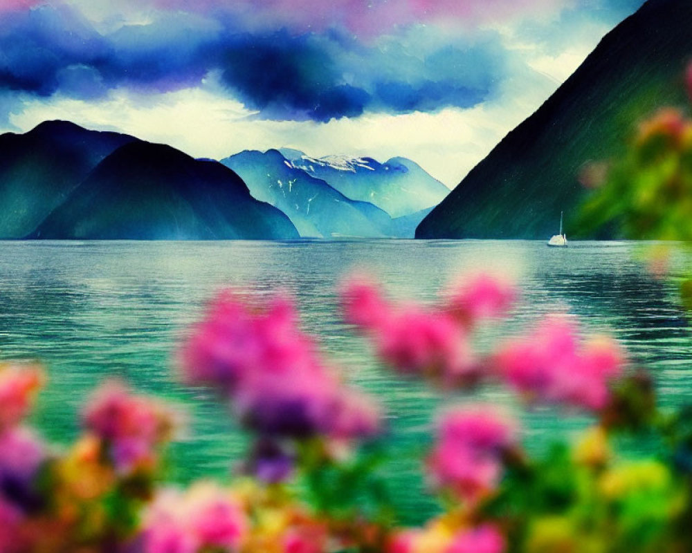 Tranquil lake scene with boat, mountains, and cloudy sky.