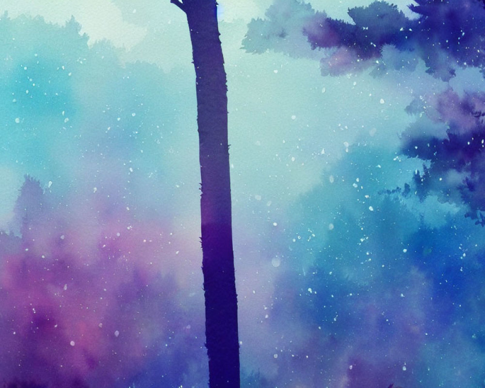 Dreamy forest watercolor painting in blue and purple hues with tree silhouettes and star-like spe