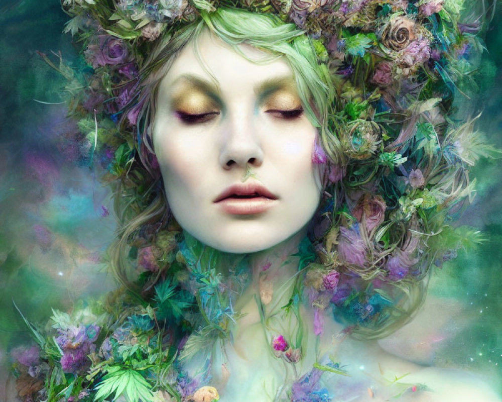 Woman with floral wreath and body art in serene setting