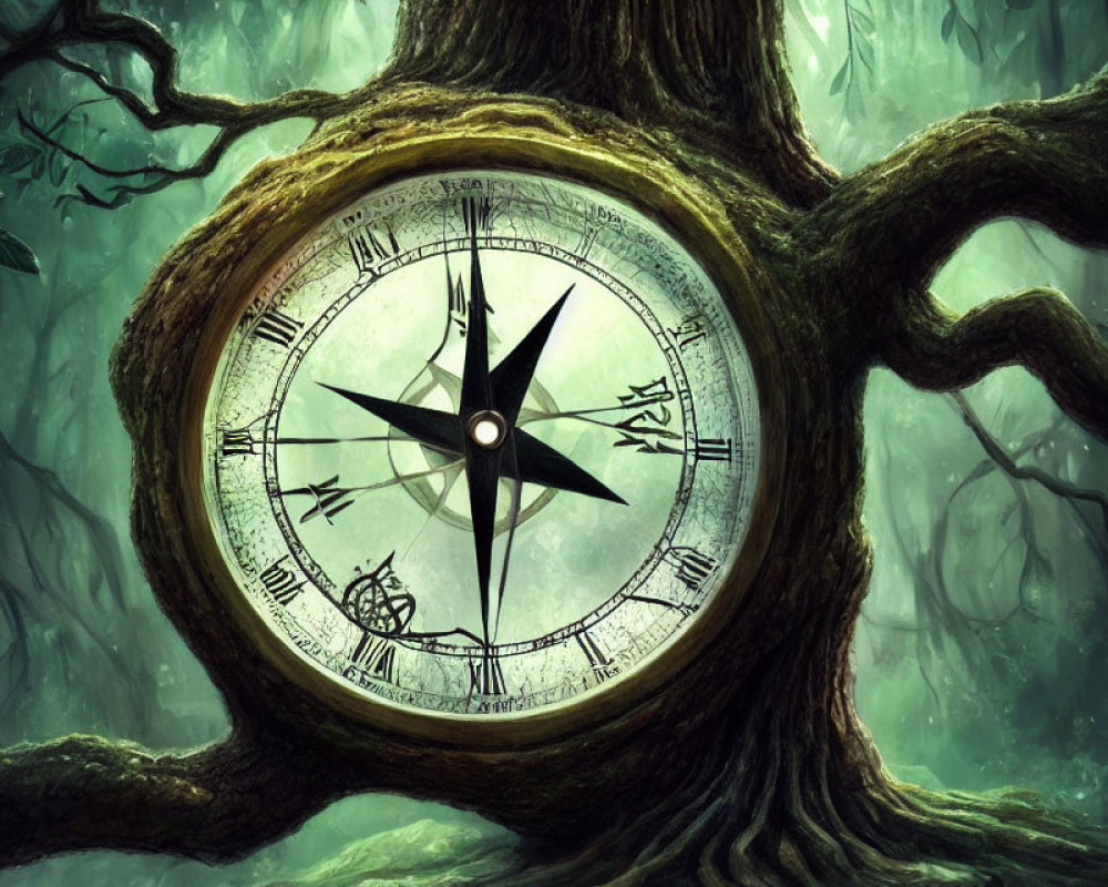 Mystical compass in tree trunk in ethereal green forest