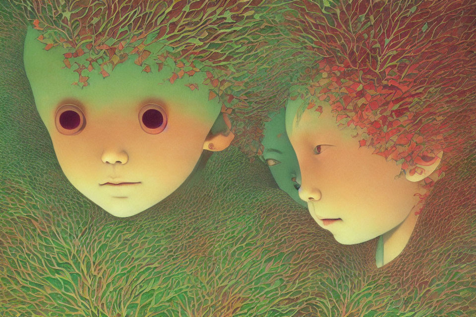 Fantasy illustration: Two characters with green skin and tree-like hair in vibrant setting