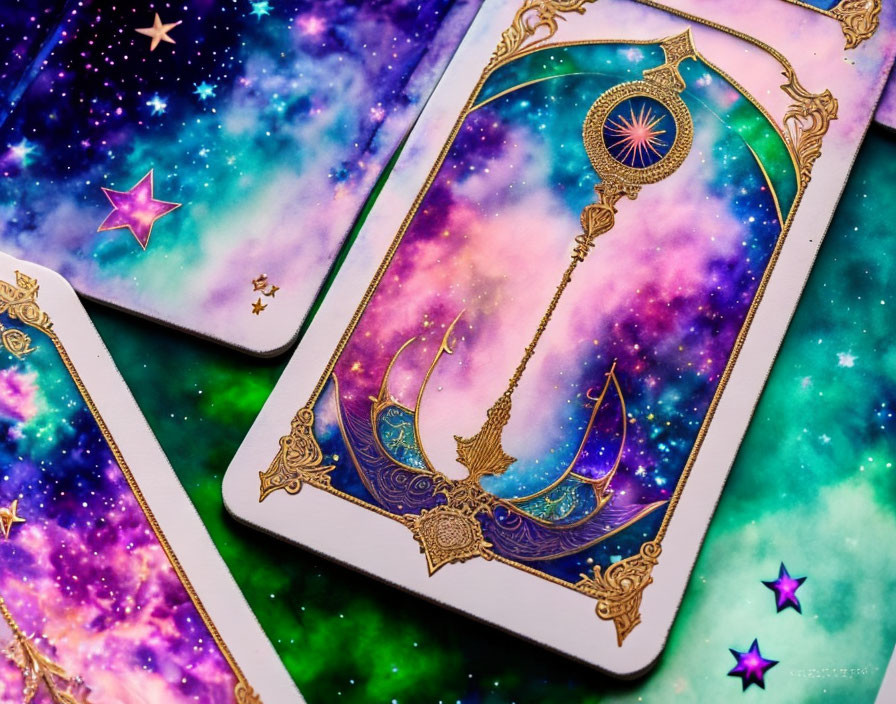 Colorful Tarot Card with Gold Designs on Cosmic Nebula Background