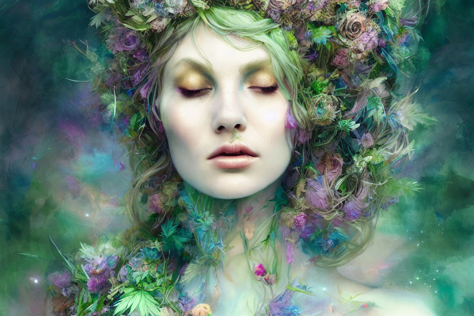 Woman with floral wreath and body art in serene setting