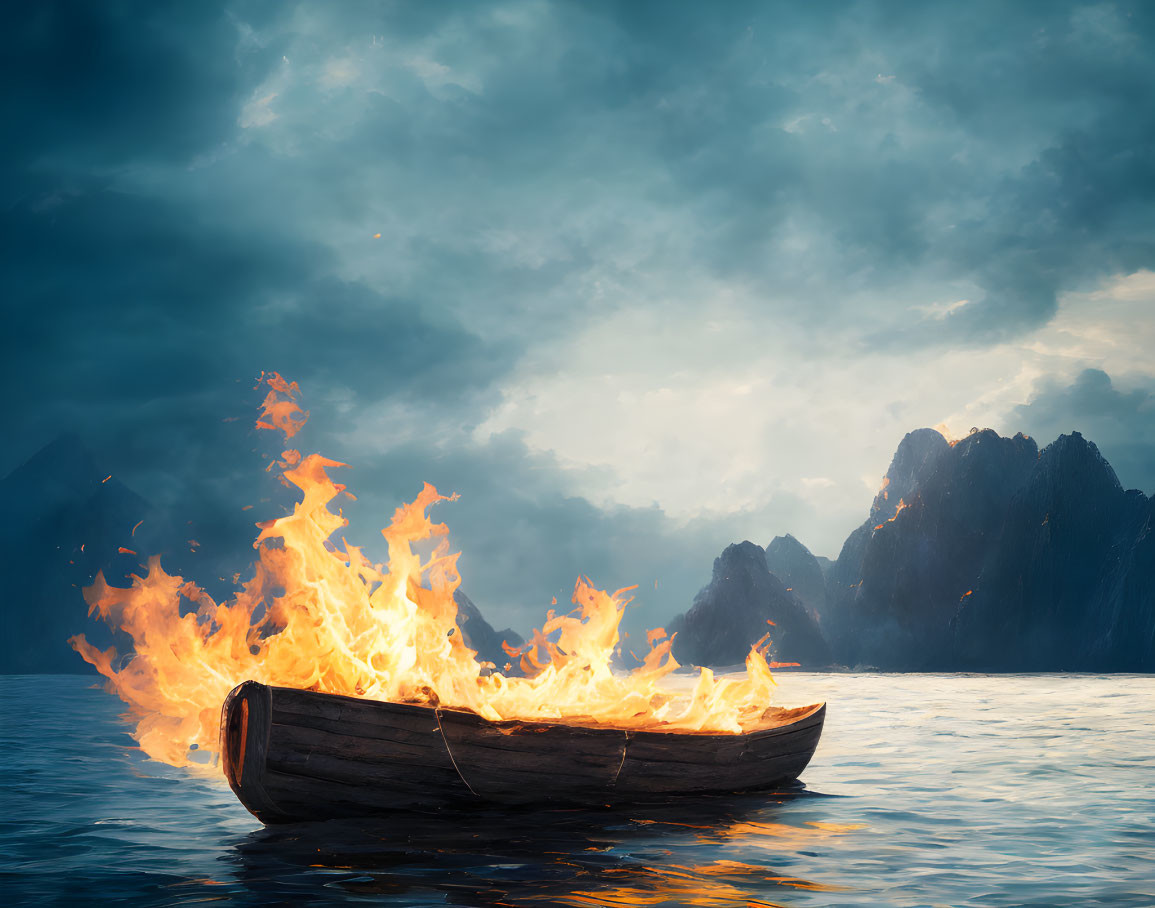 Burning wooden boat on tranquil sea with misty mountains and dramatic sky