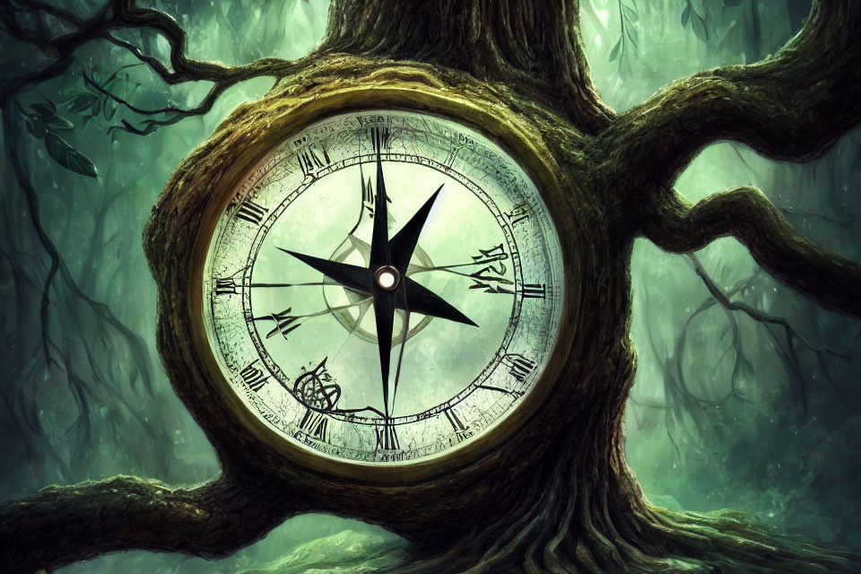 Mystical compass in tree trunk in ethereal green forest